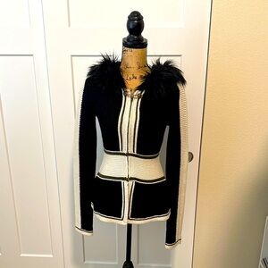 Betsey Johnson Black and White Knit Jacket with Faux Fur Collar